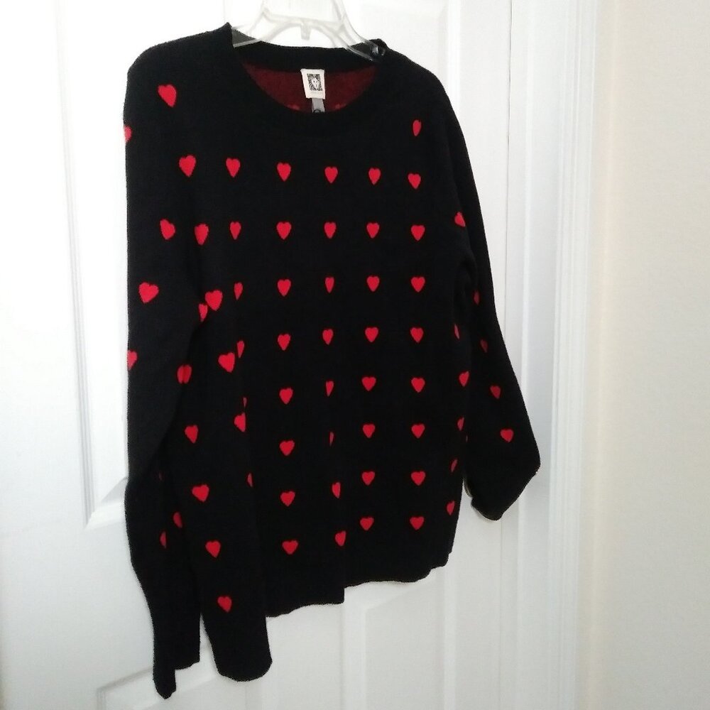Anne Klein Black Long Sleeve Sweater Red Heart Crew Neck L